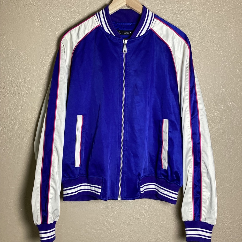 Zara Shinjuku Tokyo Track Jacket Men's Large Blue White Boxy Fit Varsity Style